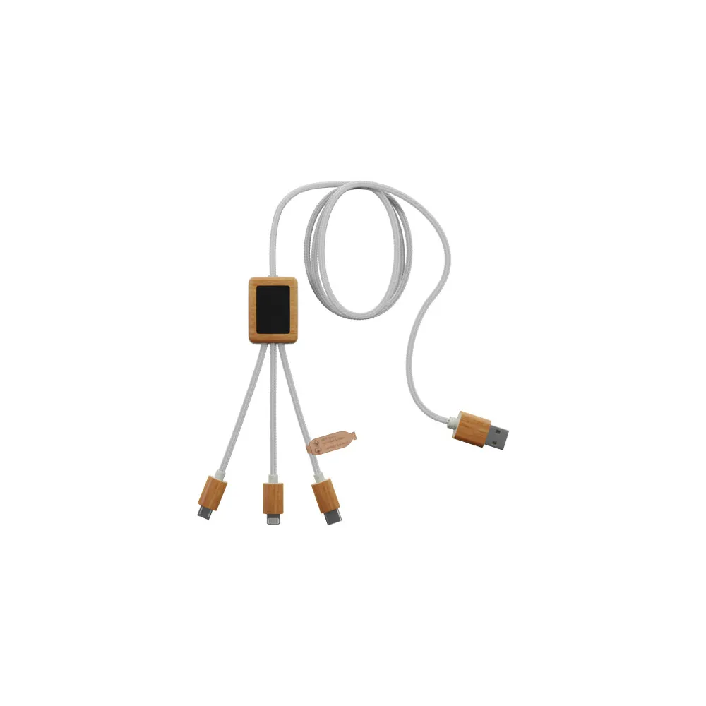 Kabel do ładowania SCX.design C39 z podświetlanym logo 3-w-1 z plastiku PET z recyklingu i z kwadratową drewnianą obudową
