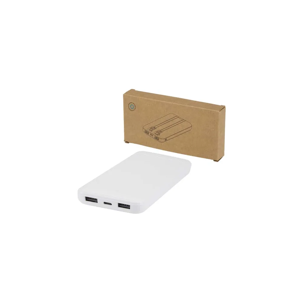 Adhil powerbank o pojemności 10.000 mAh i mocy 10 W z tworzyw sztucznych pochodzących z recyklilngu z 2 wbudowanymi kablami